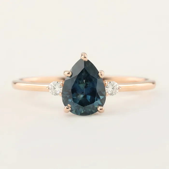 Emilie Ring 153ct Pear Blue Green Montana Sapphire 14k Rose Gold One of a kind Envero Jewelry Rings