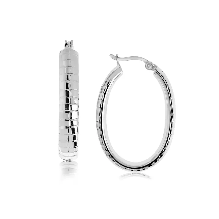 MayaMila Earrings Sterling Silver Rhodium Plated Hoop Diamond Cut Earrings with Square Texture MayaMila Earrings Sterling Silver Rhodium Plated Hoop Diamond Cut Earrings with Square Texture