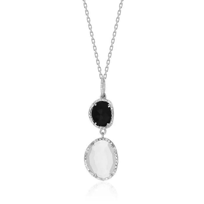 MayaMila Necklaces Sterling Silver Diamond Bordered Moonstone and Black Onyx Pendant MayaMila Necklaces Sterling Silver Diamond Bordered Moonstone and Black Onyx Pendant