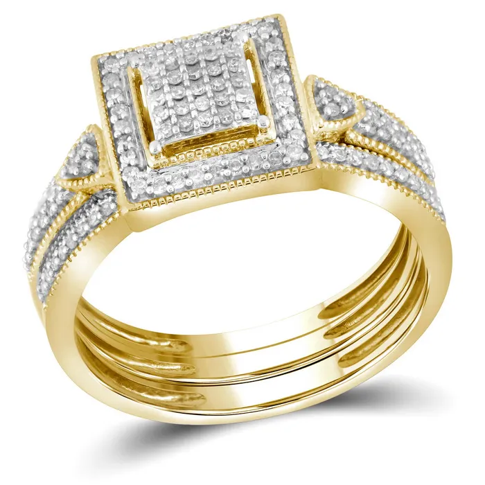mayamila Rings 10kt Yellow Gold Womens Diamond Square 3Piece Bridal Wedding Engagement Ring Band Set 13 Cttw