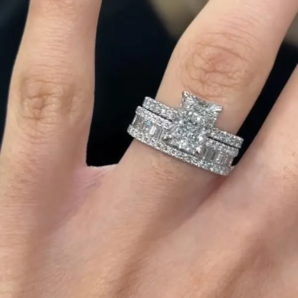 Rings 2PCS Radiant Cut Ring With Baguette Band Bridal Set in Sterling Silver Shineofdiamond Rings 2PCS Radiant Cut Ring With Baguette Band Bridal Set in Sterling Silver Shineofdiamond