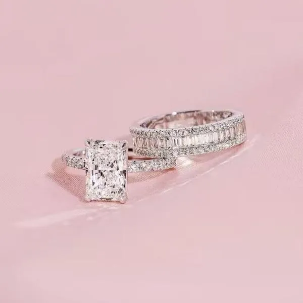 Rings 2PCS Radiant Cut Ring With Baguette Band Bridal Set in Sterling Silver Shineofdiamond Rings 2PCS Radiant Cut Ring With Baguette Band Bridal Set in Sterling Silver Shineofdiamond