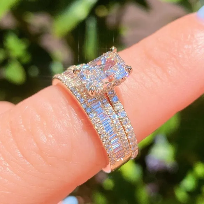 Rings 2PCS Radiant Cut Ring With Baguette Band Bridal Set in Sterling Silver Shineofdiamond Rings 2PCS Radiant Cut Ring With Baguette Band Bridal Set in Sterling Silver Shineofdiamond