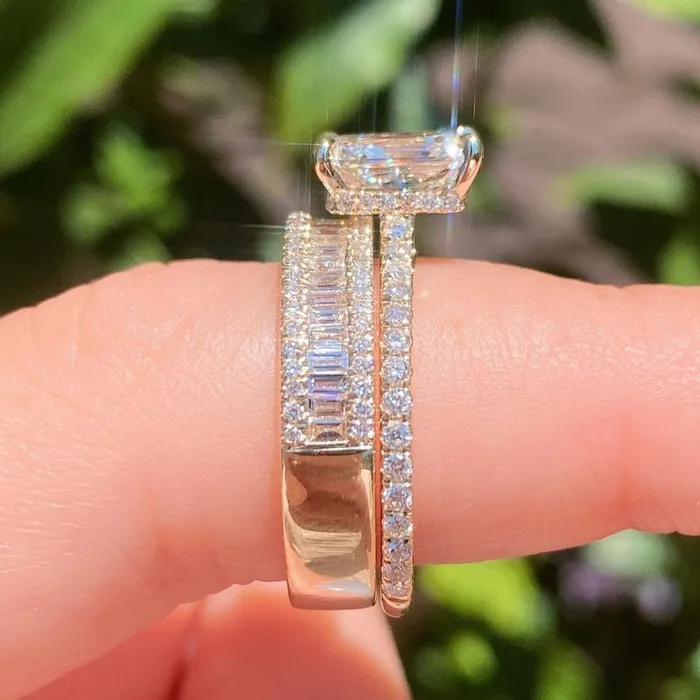 Rings 2PCS Radiant Cut Ring With Baguette Band Bridal Set in Sterling Silver Shineofdiamond Rings 2PCS Radiant Cut Ring With Baguette Band Bridal Set in Sterling Silver Shineofdiamond