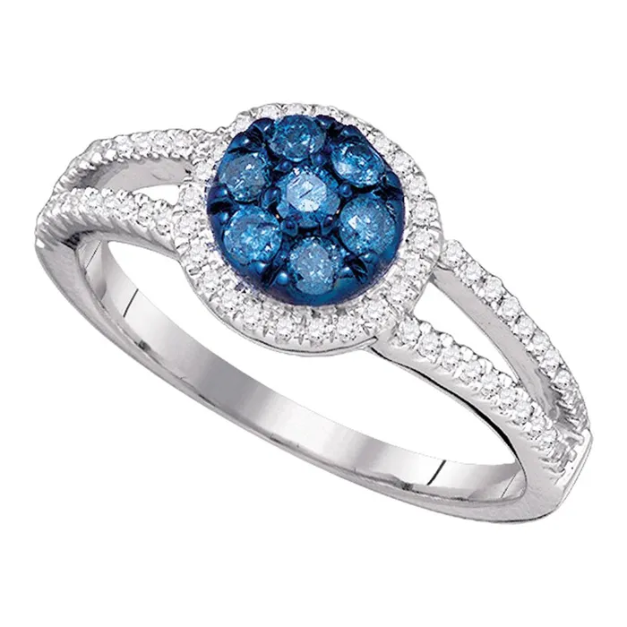 Rings mayamila 10kt White Gold Womens Round Blue Color Enhanced Diamond Cluster Ring 38 Cttw