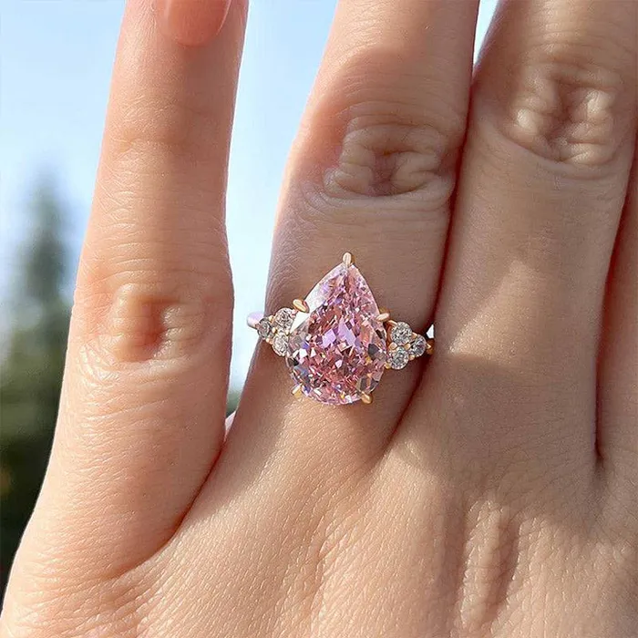 Rings Three Stone Pear Cut Pink Stone Engagement Ring Shineofdiamond