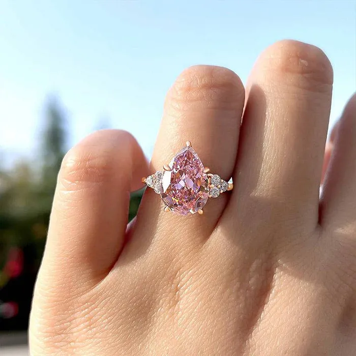 Rings Three Stone Pear Cut Pink Stone Engagement Ring Shineofdiamond