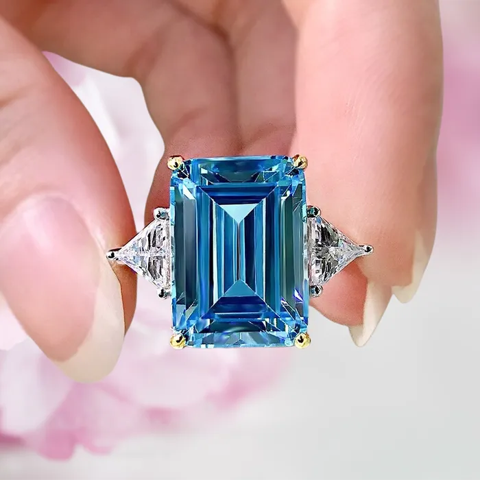 Shineofdiamond Rings Emerald Cut Sky Blue Gemstone Three Stone Sterling Silver Engagement Ring Shineofdiamond Rings Emerald Cut Sky Blue Gemstone Three Stone Sterling Silver Engagement Ring