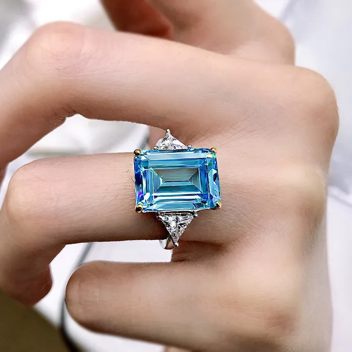 Shineofdiamond Rings Emerald Cut Sky Blue Gemstone Three Stone Sterling Silver Engagement Ring Shineofdiamond Rings Emerald Cut Sky Blue Gemstone Three Stone Sterling Silver Engagement Ring