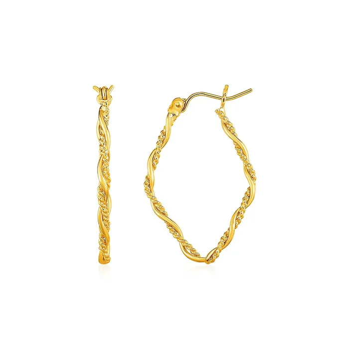 Textured and Shiny Twisted Diamond Shaped Hoop Earrings in 14k Yellow Gold MayaMila Earrings Textured and Shiny Twisted Diamond Shaped Hoop Earrings in 14k Yellow Gold MayaMila Earrings