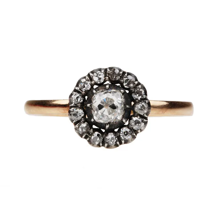 19th Century Diamond Cluster Ring Bell Bird Antiques Rings