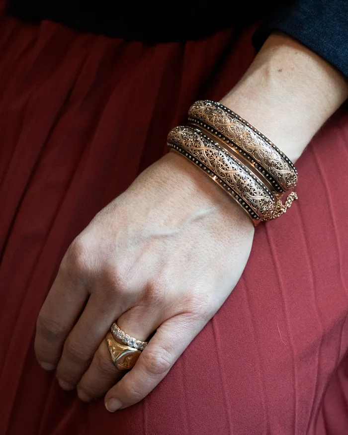 Bracelets Bell Bird Antiques Set of Victorian Era Pierced Work Gold Bangle Bracelets