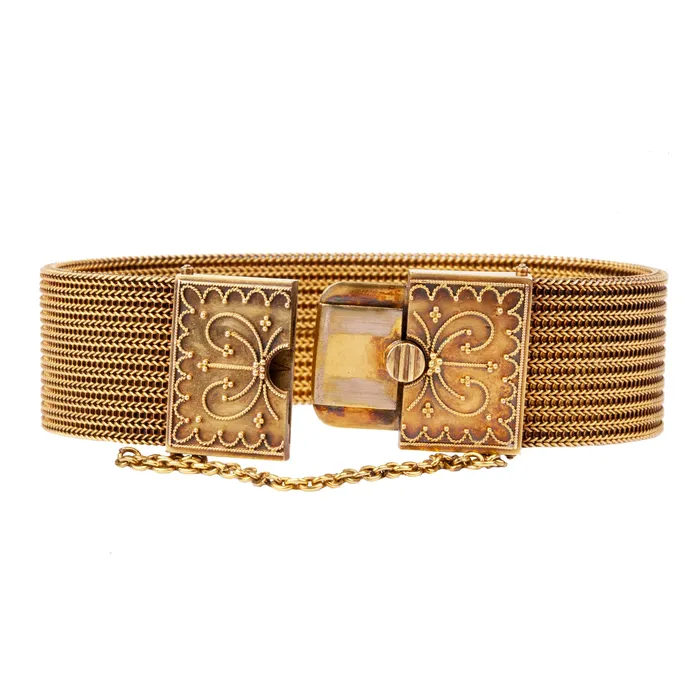 Bracelets Bell Bird Antiques Victorian Era Woven Gold Etruscan Revival Bracelet