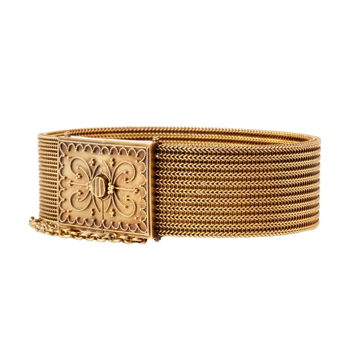 Bracelets Bell Bird Antiques Victorian Era Woven Gold Etruscan Revival Bracelet