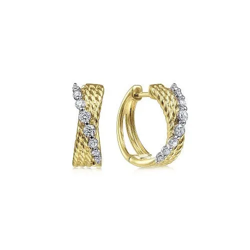 Earrings GABRIEL CO 14K YellowWhite Gold Twisted 15mm Diamond Huggie Earrings Earrings GABRIEL CO 14K YellowWhite Gold Twisted 15mm Diamond Huggie Earrings