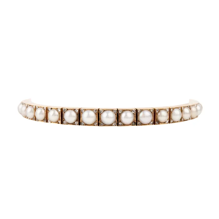 Edwardian Era Pearl and Diamond Line Bracelet Bell Bird Antiques Bracelets Edwardian Era Pearl and Diamond Line Bracelet Bell Bird Antiques Bracelets
