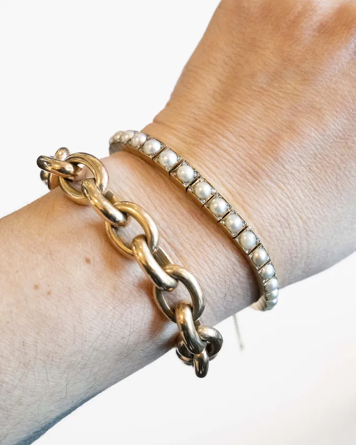 Edwardian Era Pearl and Diamond Line Bracelet Bell Bird Antiques Bracelets