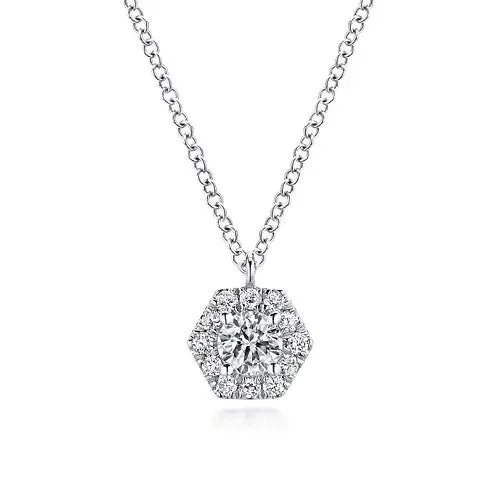 GABRIEL CO Necklaces 14K White Gold Round Diamond Hexagonal Halo Pendant Necklace GABRIEL CO Necklaces 14K White Gold Round Diamond Hexagonal Halo Pendant Necklace