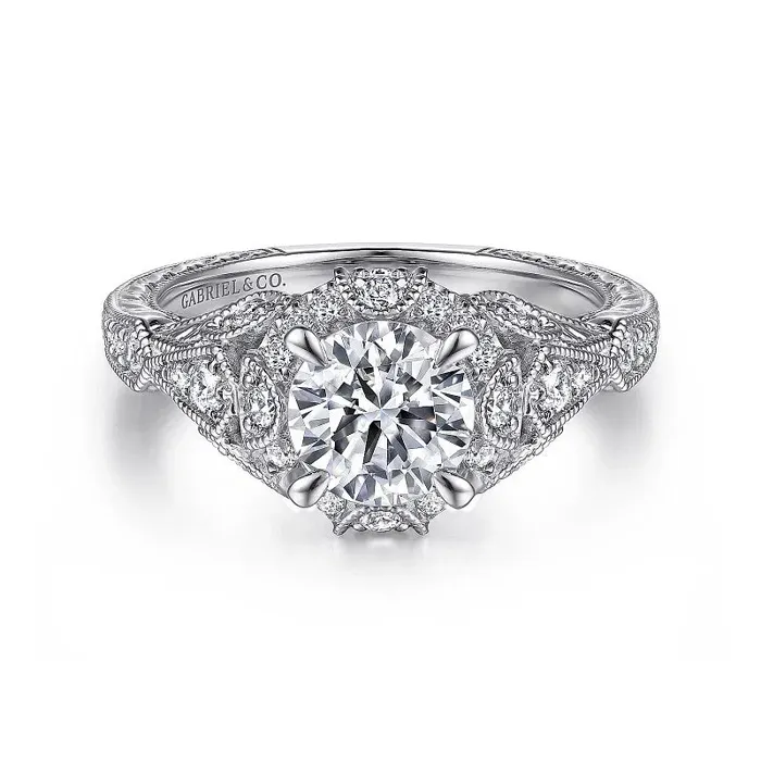 GABRIEL CO Rings Annadale Unique 14K White Gold Vintage Inspired Diamond Halo Engagement Ring Setting Only