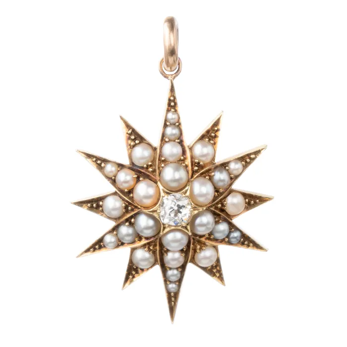 Necklaces Bell Bird Antiques Victorian era Pearl and Diamond Starburst Pendant Necklaces Bell Bird Antiques Victorian era Pearl and Diamond Starburst Pendant