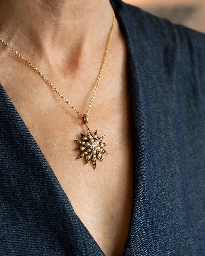 Necklaces Bell Bird Antiques Victorian era Pearl and Diamond Starburst Pendant