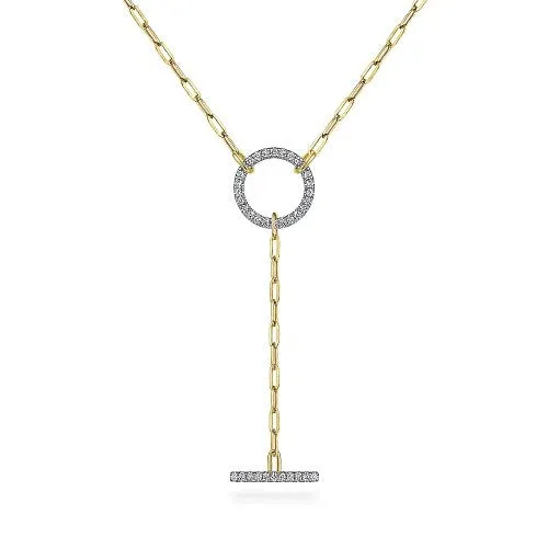 Necklaces GABRIEL CO 14K Yellow Gold Diamond Circle and Bar YKnot Necklace with Hollow Paperclip Chain Necklaces GABRIEL CO 14K Yellow Gold Diamond Circle and Bar YKnot Necklace with Hollow Paperclip Chain