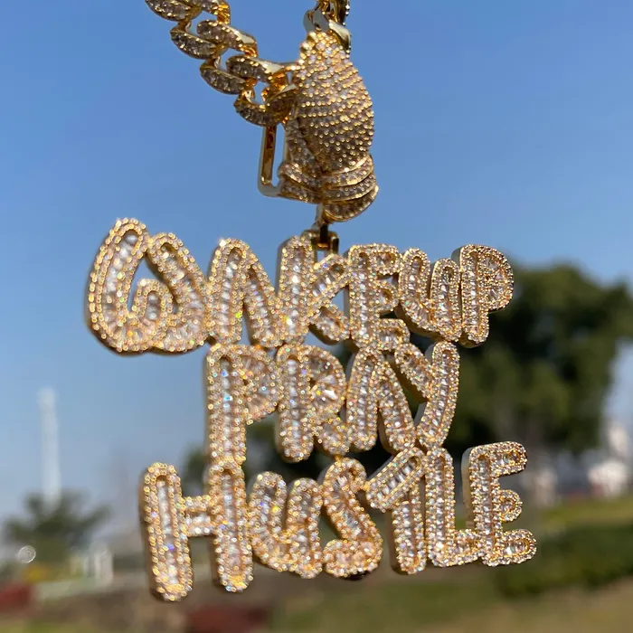 Wake Up Pray Hustle Necklaces Wake Up Pray Hustle Iced Out Diamond Pendant Necklace