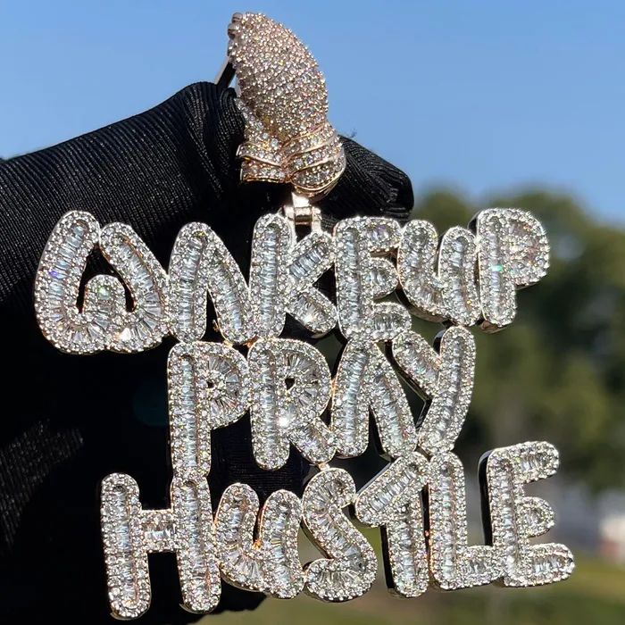 Wake Up Pray Hustle Necklaces Wake Up Pray Hustle Iced Out Diamond Pendant Necklace