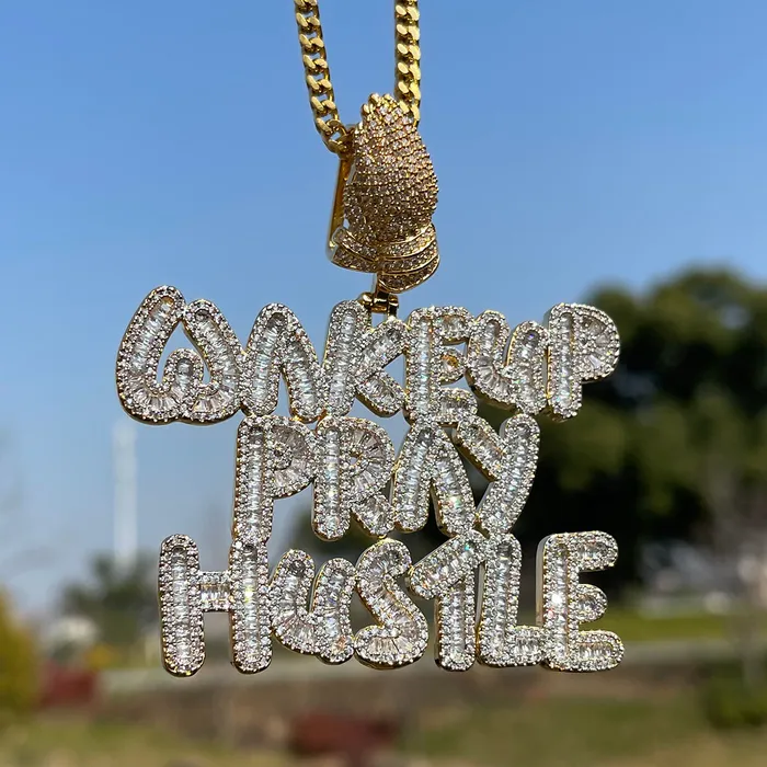 Wake Up Pray Hustle Necklaces Wake Up Pray Hustle Iced Out Diamond Pendant Necklace