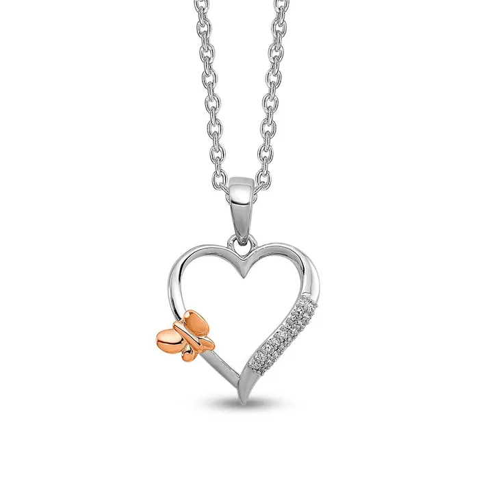 005 CT TW Natural Diamond Double Row with Offset Butterfly Loop Heart Pendant in Sterling Silver and 14K Rose Gold Goldia Necklaces 005 CT TW Natural Diamond Double Row with Offset Butterfly Loop Heart Pendant in Sterling Silver and 14K Rose Gold Goldia Necklaces