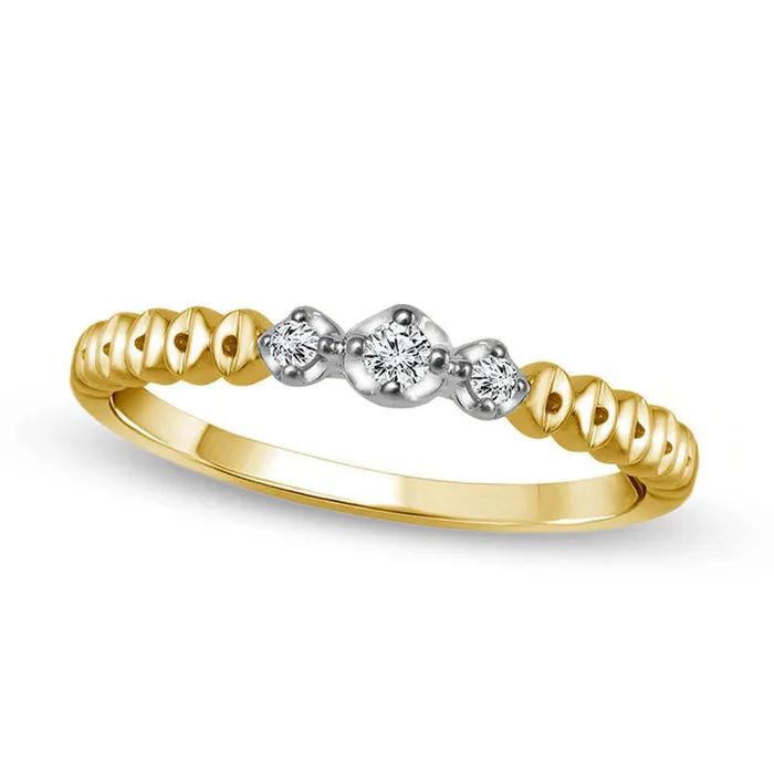 005 CT TW Natural Diamond Three Stone Beaded Stackable Band in Solid 10K TwoTone Gold Goldia Rings