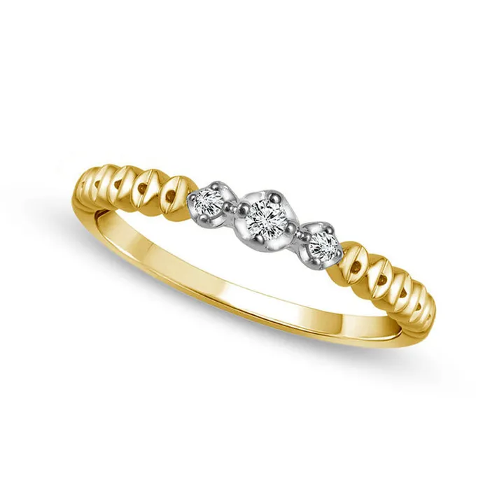 005 CT TW Natural Diamond Three Stone Beaded Stackable Band in Solid 10K TwoTone Gold Goldia Rings
