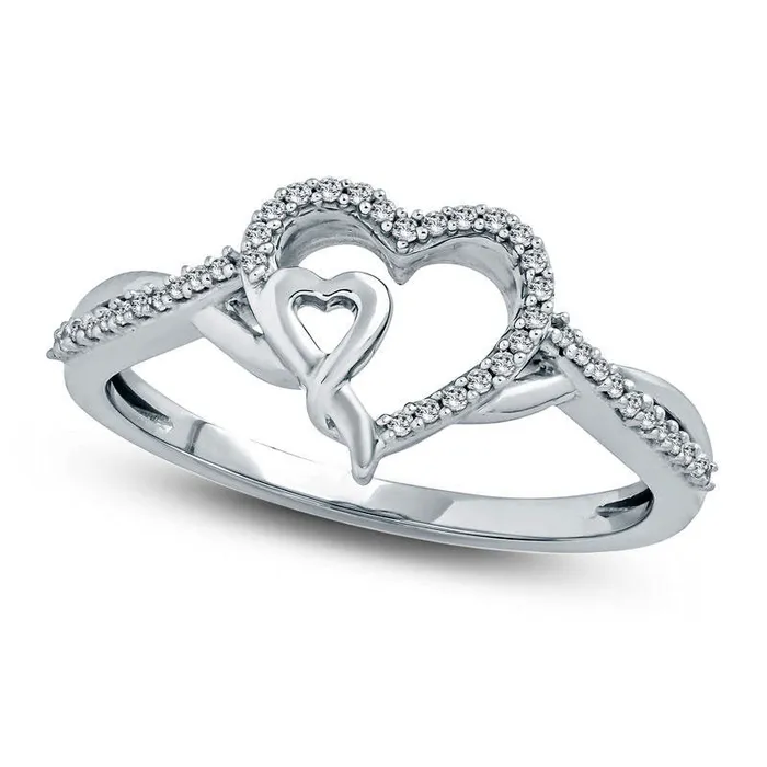 010 CT TW Natural Diamond Double Heart Twist Ring in Sterling Silver Goldia Rings