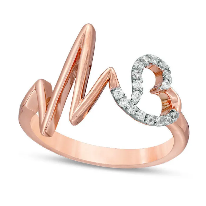 013 CT TW Natural Diamond Heart and Heartbeat Ring in Solid 10K Rose Gold Goldia Rings