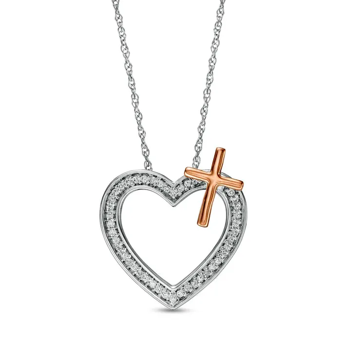 013 CT TW Natural Diamond Heart with Cross Necklace in Sterling Silver and 10K Rose Gold Goldia Necklaces 013 CT TW Natural Diamond Heart with Cross Necklace in Sterling Silver and 10K Rose Gold Goldia Necklaces