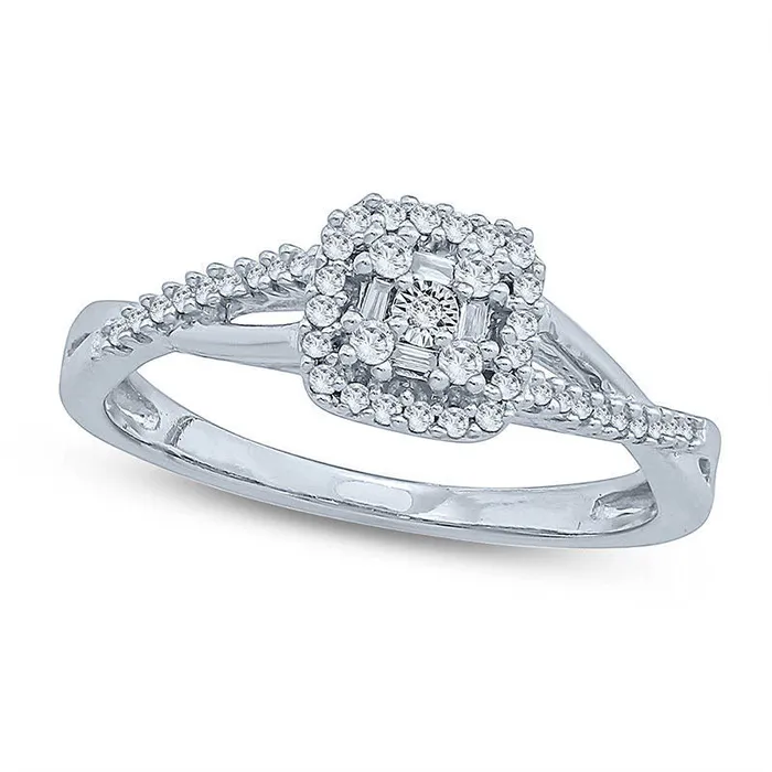 020 CT TW Natural Diamond Double Square Frame Twist Promise Ring in Solid 10K White Gold Goldia Rings