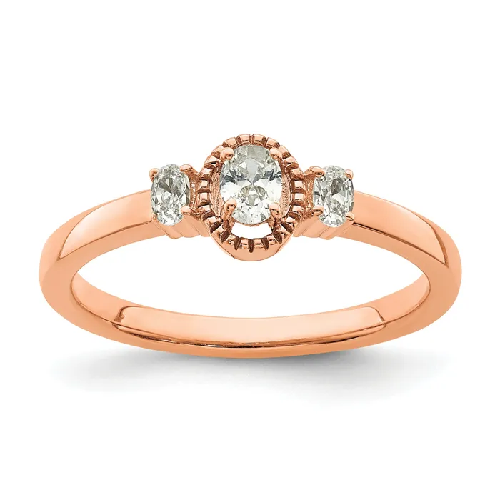 025ct CZ Solid Real 14k Rose Polish Beaded Edges 3 stone Oval Complete Dia Ring Goldia Rings