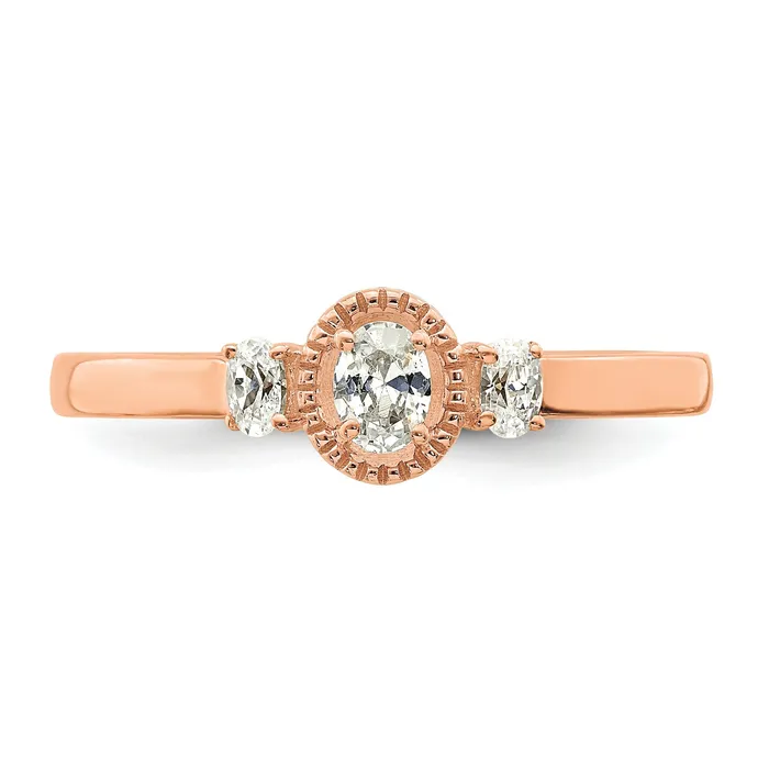 025ct CZ Solid Real 14k Rose Polish Beaded Edges 3 stone Oval Complete Dia Ring Goldia Rings
