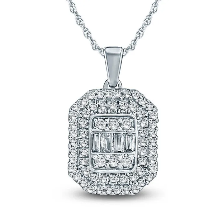 033 CT TW Composite Baguette and Round Natural Diamond Octagon Frame Pendant in 10K White Gold Goldia Necklaces 033 CT TW Composite Baguette and Round Natural Diamond Octagon Frame Pendant in 10K White Gold Goldia Necklaces