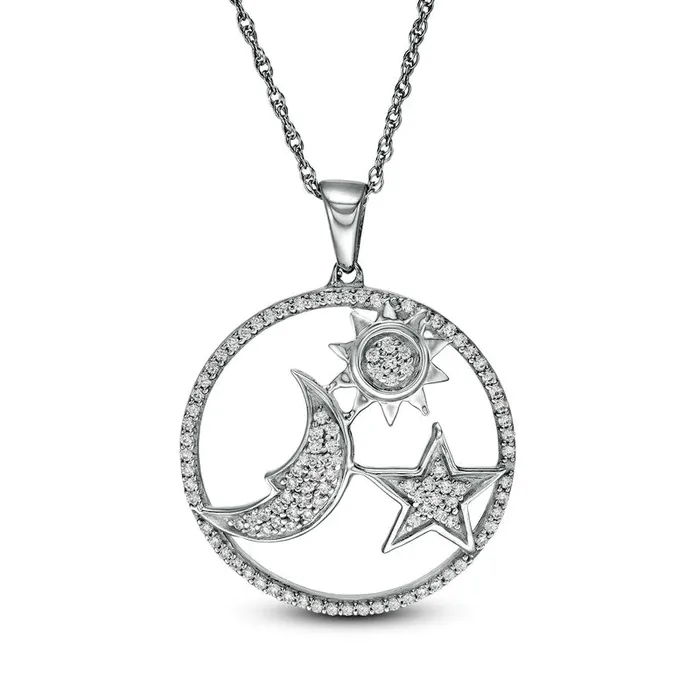 033 CT TW Natural Diamond Sun Moon and Star Circle Pendant in 10K White Gold Goldia Necklaces 033 CT TW Natural Diamond Sun Moon and Star Circle Pendant in 10K White Gold Goldia Necklaces