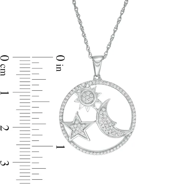 033 CT TW Natural Diamond Sun Moon and Star Circle Pendant in 10K White Gold Goldia Necklaces 033 CT TW Natural Diamond Sun Moon and Star Circle Pendant in 10K White Gold Goldia Necklaces