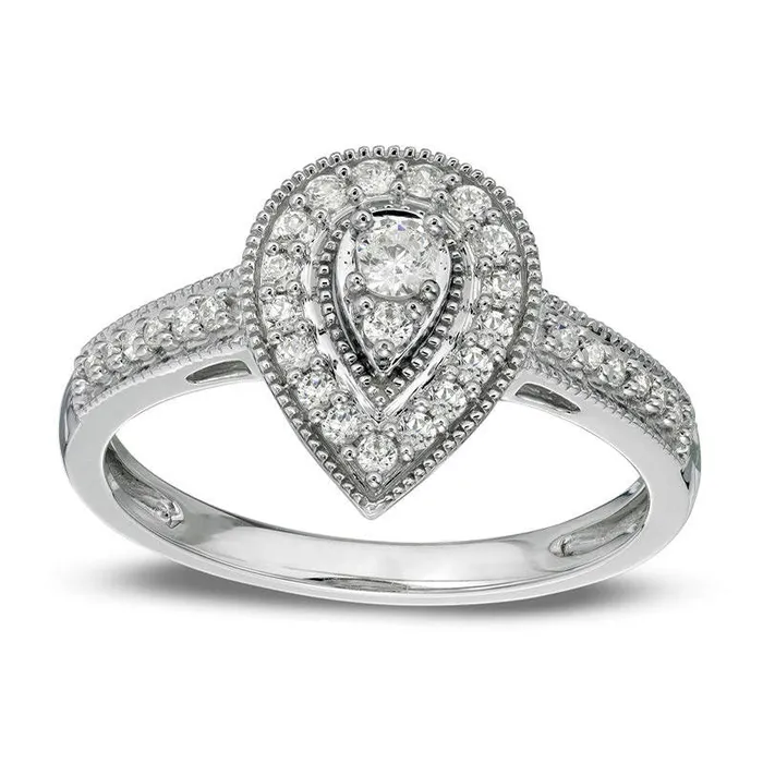 033 CT TW Natural Diamond TeardropShaped Frame Antique VintageStyle Engagement Ring in Solid 10K White Gold Goldia Rings