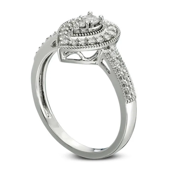033 CT TW Natural Diamond TeardropShaped Frame Antique VintageStyle Engagement Ring in Solid 10K White Gold Goldia Rings
