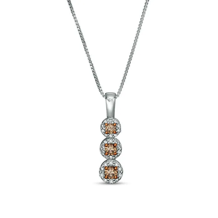 038 CT TW Champagne and White Natural Diamond ThreeStone Frame Pendant in Sterling Silver Goldia Necklaces