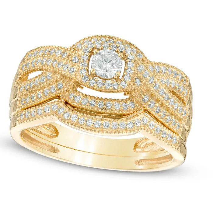 050 CT TW Natural Diamond Square Frame Twisted Shank Bridal Engagement Ring Set in Solid 14K Gold Goldia Rings