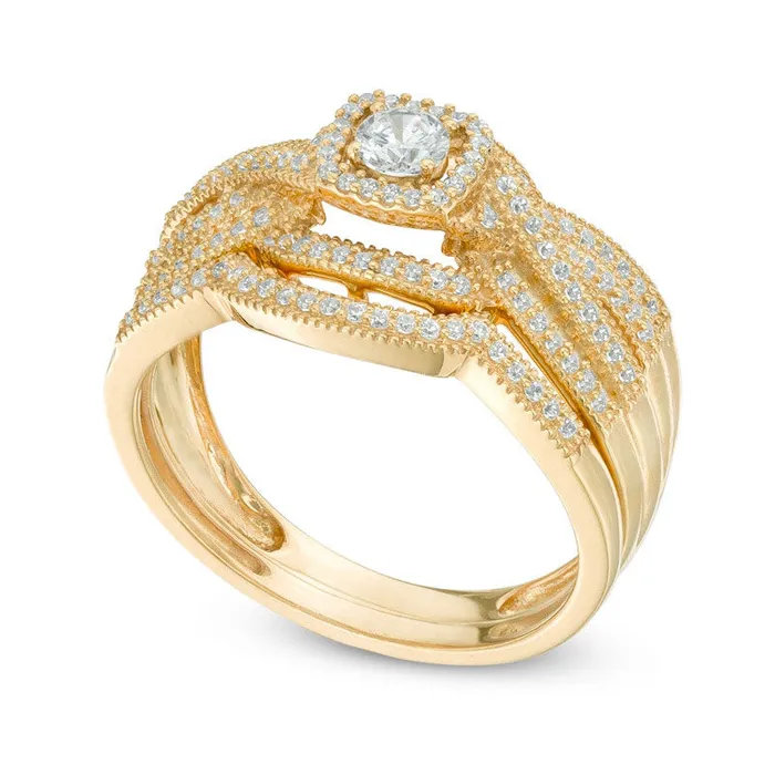050 CT TW Natural Diamond Square Frame Twisted Shank Bridal Engagement Ring Set in Solid 14K Gold Goldia Rings