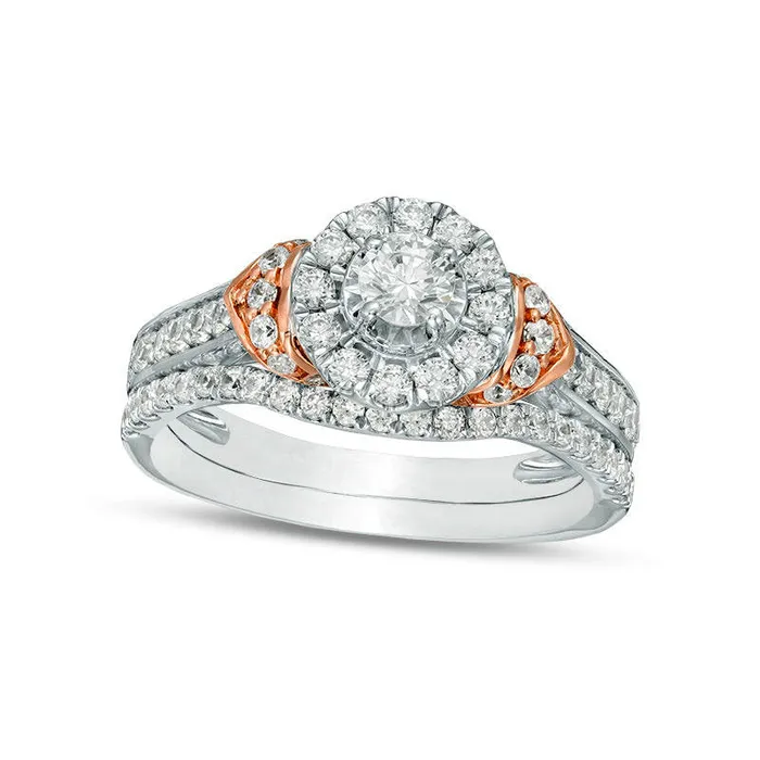 088 CT TW Natural Diamond Frame Bridal Engagement Ring Set in Solid 10K TwoTone Gold Goldia Rings