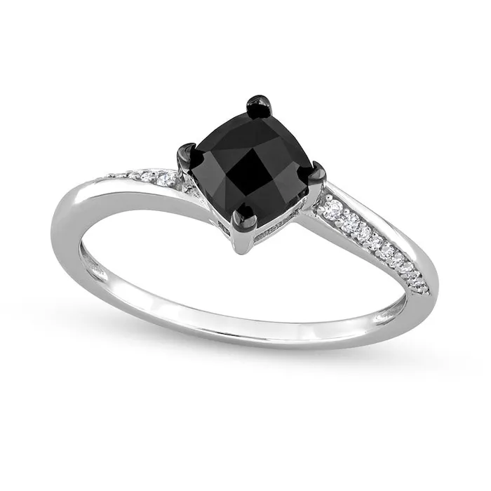 10 CT TW CushionCut Black Enhanced and White Natural Diamond Tilted Bypass Engagement Ring in Solid 10K White Gold Goldia Rings