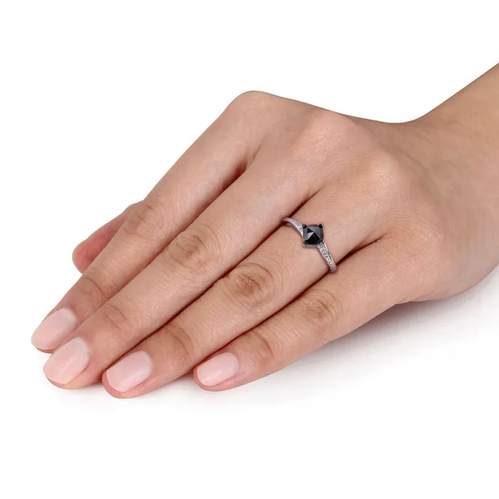 10 CT TW CushionCut Black Enhanced and White Natural Diamond Tilted Bypass Engagement Ring in Solid 10K White Gold Goldia Rings