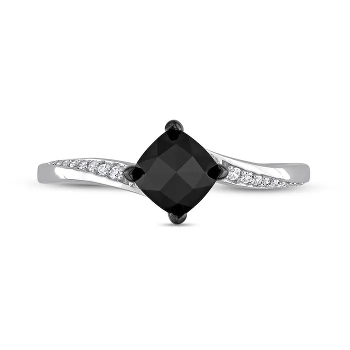 10 CT TW CushionCut Black Enhanced and White Natural Diamond Tilted Bypass Engagement Ring in Solid 10K White Gold Goldia Rings